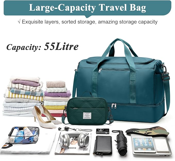 Extra Large Travel Duffle Bag,Carry on Overnight Bag with Shoes Compartment,Weekender Bags for Women for Travel Business Trips Sport Hospital,3 Pcs Set,Peacock Blue