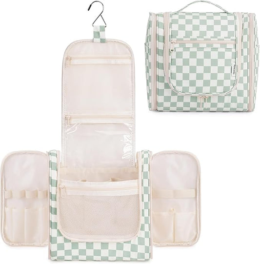 Narwey Travel Toiletry Bag for Women, Checkered Large Hanging Makeup Bag Organizer Cosmetic Make up Bags for Women, Travel Bag for Toiletries (Mint Green Checkerboard)