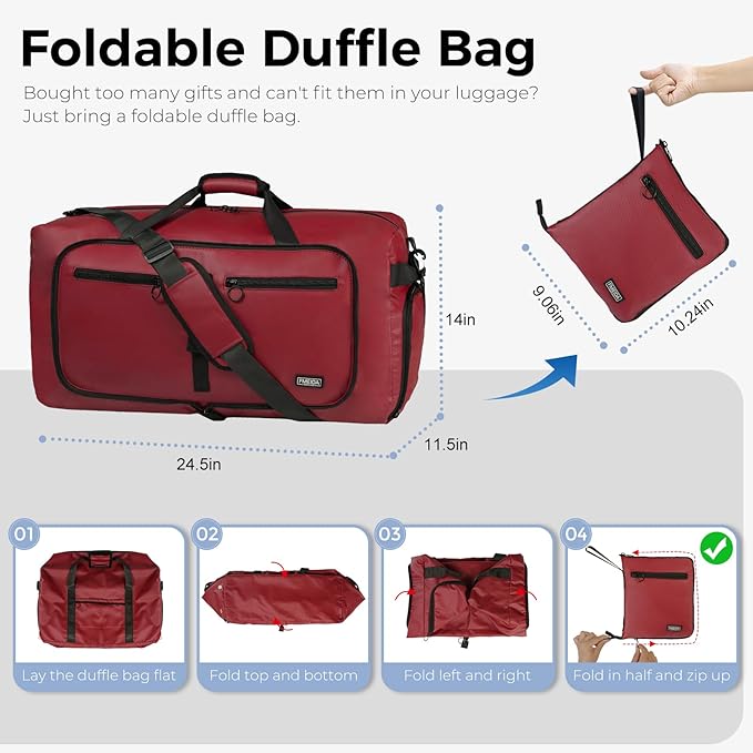 Fmeida 65L Duffle Bag with Shoes Compartment, Foldable Travel Duffel Bags for Men Women, Large Packable Travel Bag Water Repellent & Tear Resistant (Red)