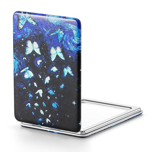 OMIRO 1X/3X Magnifying Mirror, Unique Painting Compact Mirror with Classical PU Leather, 2.4" W x 3.4" L (Butterfly)