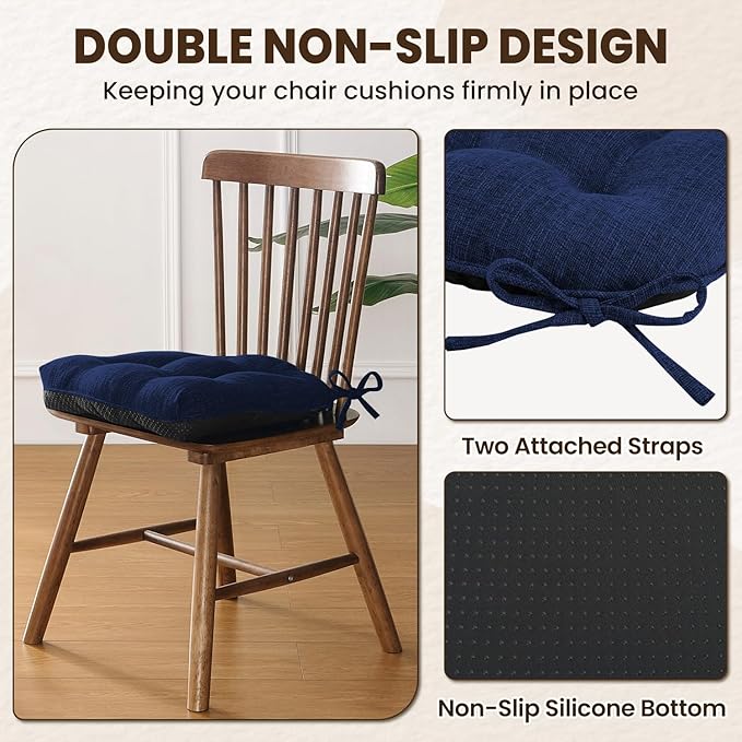 downluxe Indoor Chair Cushions for Dining Chairs, Tufted Overstuffed Textured Kitchen Chair Pads with Ties and Non-Slip Backing, 15.5" x 15.5" x 4", Royal Blue, 6 Pack