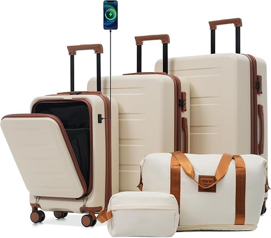 Merax Luggage Sets 5 Piece,Front Open Hardshell Expandable Suitcase with Spinner Wheels and Duffel Bags,Lightweight Carry on Luggage with USB Port,20/24/28IN,White and Brown