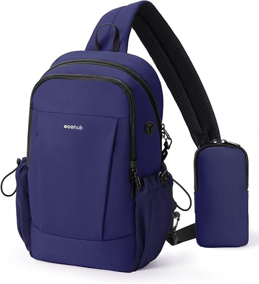 ECOHUB Anti-Theft Crossbody Bag Men Women, RFID Blocking Lightweight Sling Backpack Eco-Friendly with 9 Pockets Sturdy SBS Zippers Water Resistant for Travel Work Hiking Outdoor, Blue