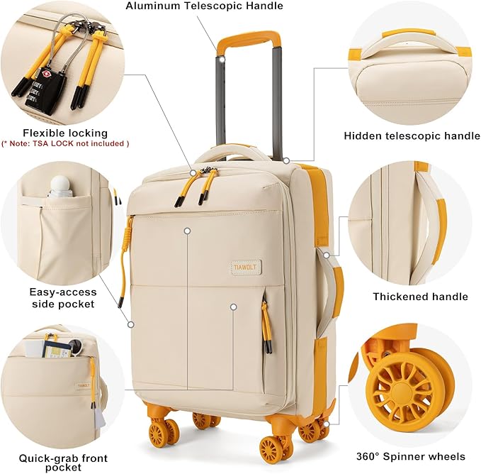 20Inch Carry on Luggage with Spinner Wheels,22x14x9 Airline Approved,Stylish SoftSided Lightweight suitcases bag,Wet/Dry Pockets Suitcase for travel(Apricot)