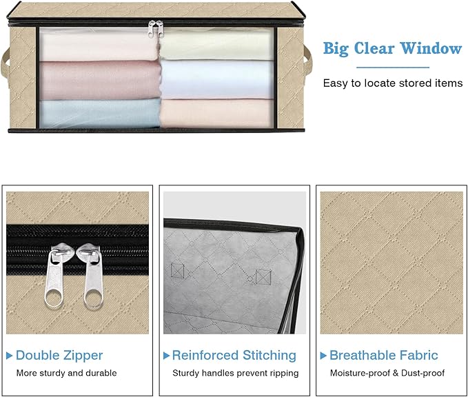 HomeHacks Storage 6-Pack Clothes Organizer Storage Bags Foldable Storage Box with Large Clear Window Sturdy Handles for Closet, Dorm, Pillows, Bedding, Clothes, Blankets, 35L, Beige