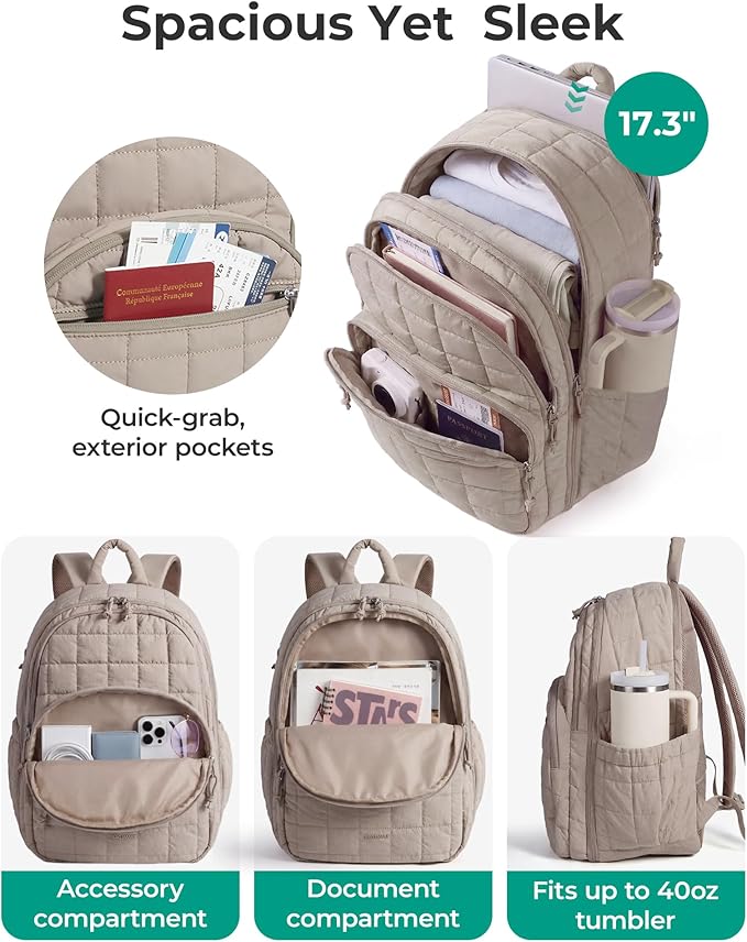BAGSMART College Laptop Backpack, Travel Backpack for Women, Quilted Airline Approved Carry On Backpack Fits 17.3 Inch Laptop, Personal Item Travel Bag, Chocolate