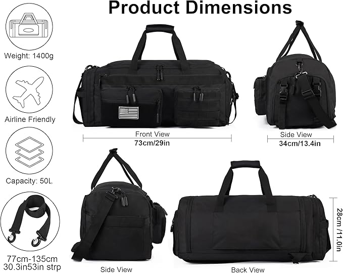 LHI 50L Tactical Duffle Bag for Men, 3-in-1 Gym Duffle and Backpack, Shoe Compartment, Laptop Sleeve and MOLLE, Carry-On Travel Weekender and Overnight Bag – Black