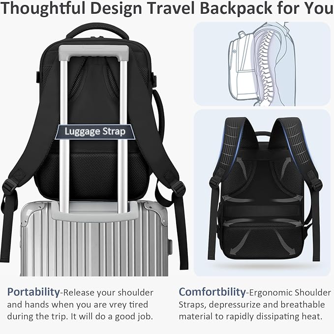 Travel Backpack for Women Men Carry on Flight Approved Lightweight 15.6 Inch Laptop Backpack Duffle College Business Work Weekender Hiking Travel Essentials Suitcase Backpack Black