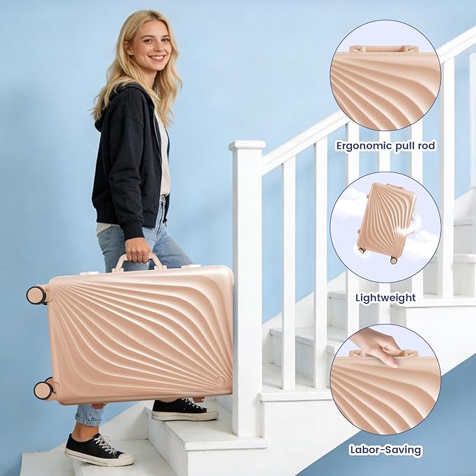 20 Inch Carry On Luggage, Zipperless Luggage with Spinner Wheels, Airline Approved Suitcase with Cup Holder, TSA Lock and USB Charger for Travel, Light Pink