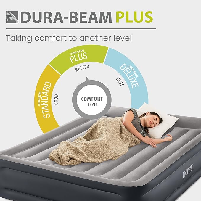 Intex 64135ED Dura-Beam Plus Deluxe Pillow: Fiber-Tech – Queen Size – Built-in Electric Pump – 16.5in Bed Height – 600lb Weight Capacity
