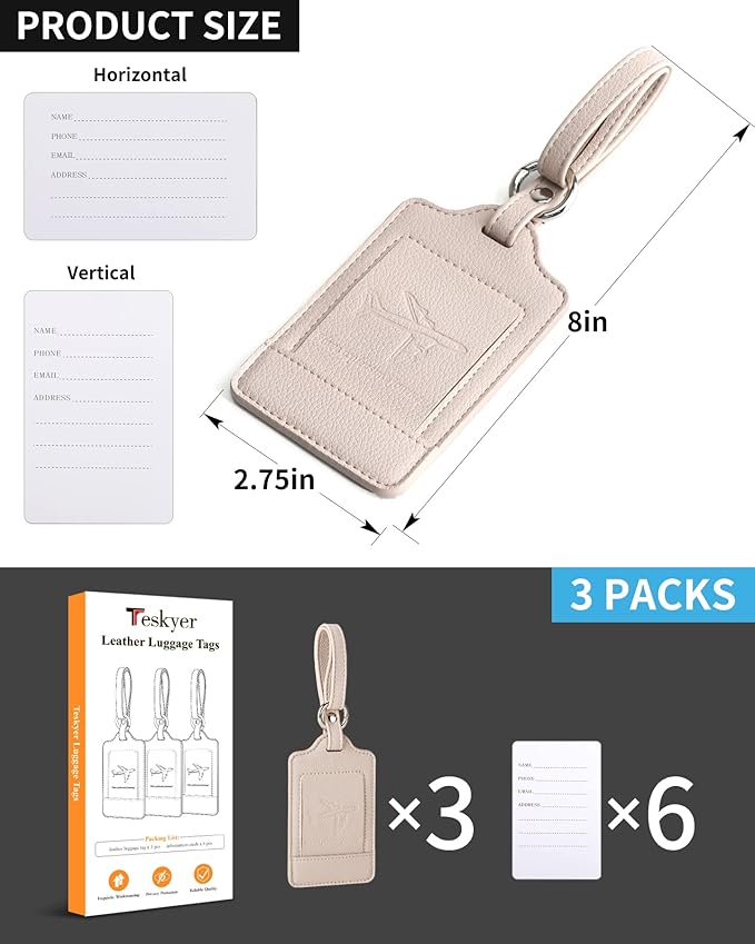 3 Pack Luggage Tags - Quick Install, Privacy Protection, Airplane Travel Essentials for Suitcases, Durable Leather - Lichee Beige