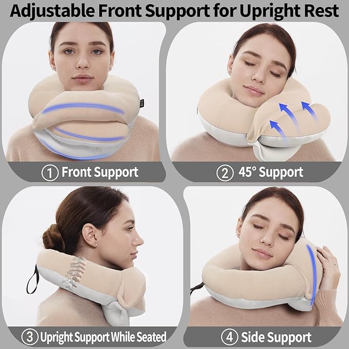 BUYUE Travel Neck Pillows for Airplanes, 360° Head Support Sleep for Long Flight, Skin-Friendly & Breathable, Kit with 3D Contoured Eye Mask, Earplugs and Storage Bag (Adult, Beige, 90+ lbs)