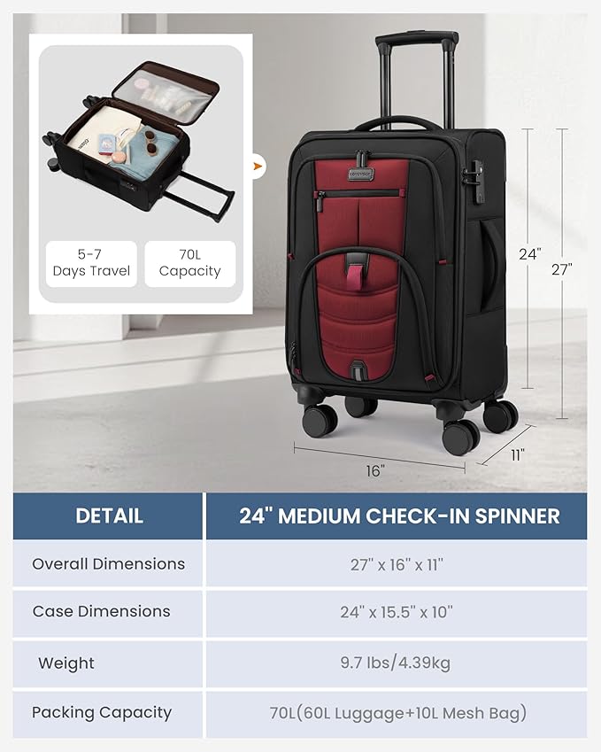 LOVEVOOK Business Softside Checked Luggage with 15.6/17.3 Inch Laptop Compartment, 24 Inch Checked Suitcase with Spinner Wheels, Large Capacity Luggage with TSA Lock for Business Trip Travel Red&Black