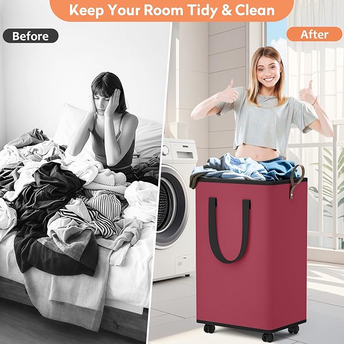 Laundry Basket with Wheels, Collapsible Laundry Baskets, Laundry Hamper with Handles Detachable Wheels, Rolling Laundry Basket, Dirty Clothes Hamper for Bathroom, Dorm, Bedroom, Red, 100L
