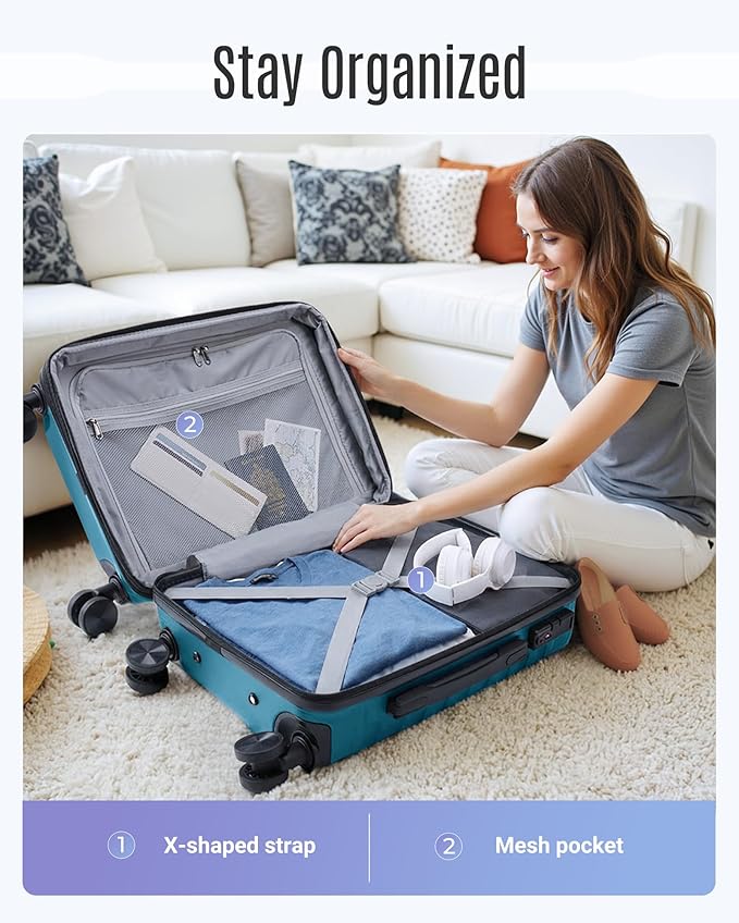 LIGHT FLIGHT Luggage Sets, 3 Piece Durable Suitcase Set with Spinner Wheels, 3 Pcs Hard Shell Lightweight Luggage with TSA Lock, Large Checked Travel Suitcases, 20/24/28 Inch,Teal Blue