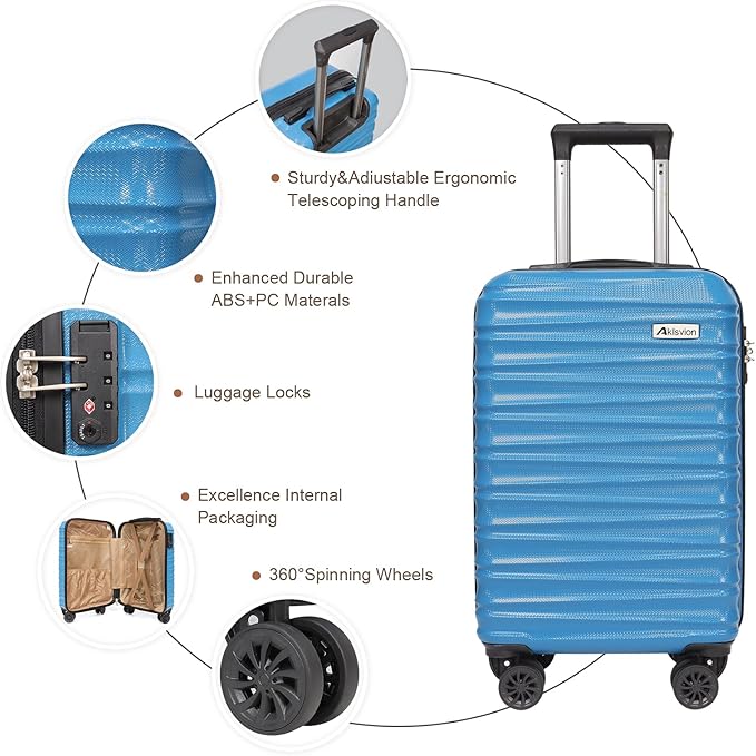Luggage Set 3 Piece Luggage Set ABS hardshell Spinner Wheels Luggage Carry on Suitcase with Weekender bag & Toiletry bag（Skyblue）