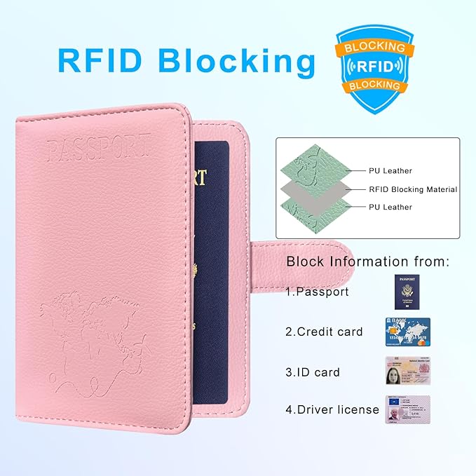 ACdream Passport Holder for Travel Essentials, Rfid Blocking Passport Wallet Cover Case for Travel Must Haves Accessories, Book Holders for Women & Men- Pink