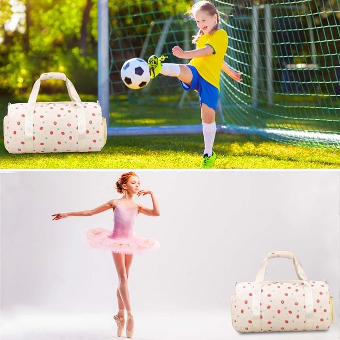 Gym Travel Duffle Bag for Girls - Gymnastics Sports Dance Bag with Shoe Compartment & Wet Pocket Strawberries Kids Travel Bag Teens Weekender Sleepover Carry On Bag
