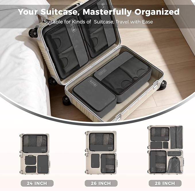 8-Piece Compression Packing Cubes for Travel, Ultralight Luggage Organizer Set with Double Zipper, Space Saving for Suitcase & Carry-On, Ideal for Business Trip Weekend Getaway - Gray