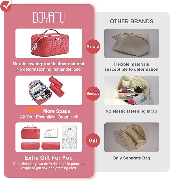 BOYATU Travel Makeup Bag Cosmetic Bags for Women: Large Capacity 3 Pcs Set Make up Bag with Compartments - Waterproof Vegan Leather Toiletry Organizer Bags with Handle (L54Rose)