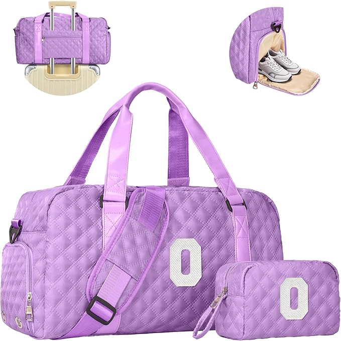 Initial Gym Bag for Girls, Kids Travel Duffel Bag, Graduation Gifts for Her, Personalized Weekender Bag with Shoes Compartment, Gifts for Mom, Girls Gifts for Kids