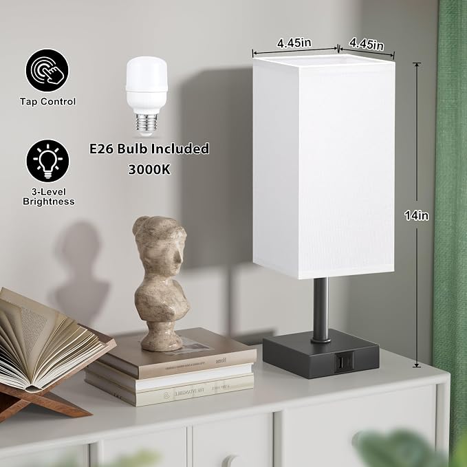 Touch Table Lamp for Bedroom - Dimmable, USB C+A, White Lamphade Black Base | 3-Way Dimmable, 3000K LED Bulb Included, Square Lampshade, Cute Room Decor for Teen Girls, Kids, Small Lamp for Dorm, Nursery