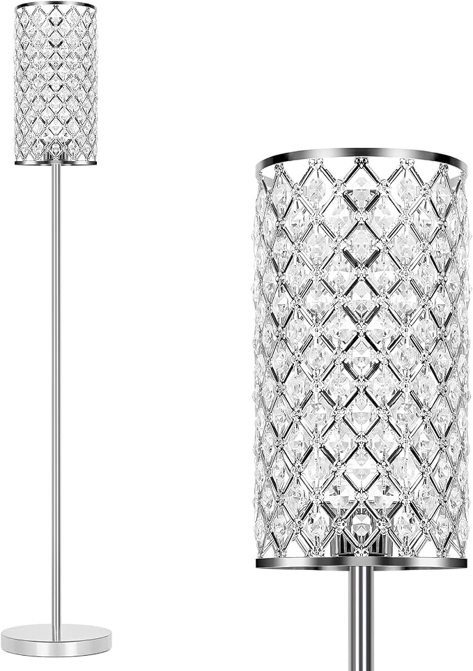 Crystal Floor Lamp, Silver Tall Pole Lamp with On/Off Foot Switch | Modern Standing Lamp with Elegant Shade, Decorative Accent Lights for Living room Girl Bedroom Dresser Office, E26 Base