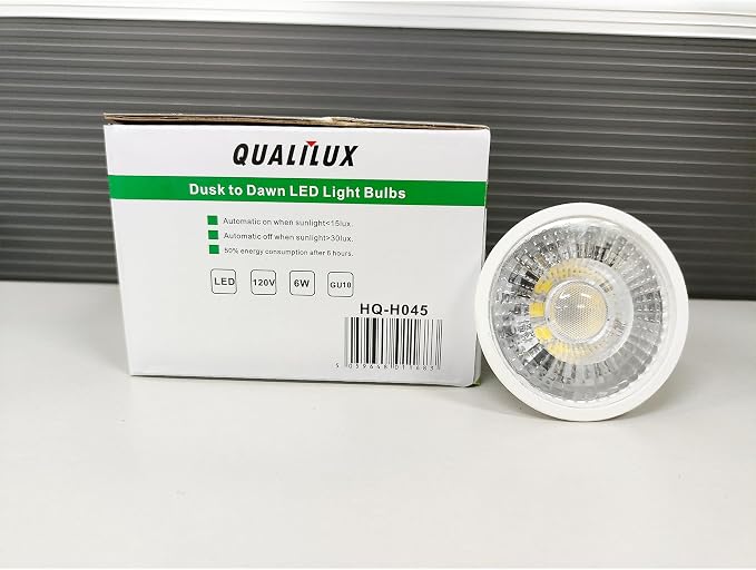Qualilux Dusk to Dawn Light Bulbs, Auto On/Off Light Sensing LED Bulbs Outdoor,Daylight, MR16 GU10 4-Pack, 6W 500LM 50W Equivalent, HQ-H045