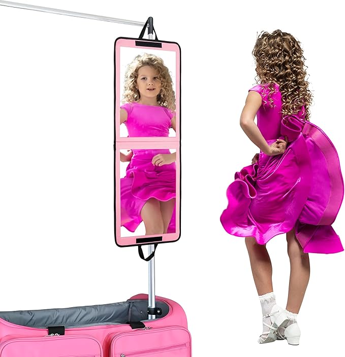 LPHUMEX Foldable Full Length Mirror Pink with Black Handles, 13x33 Portable Folding Body Mirror for Dance, Festival, Travel