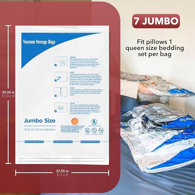 MEIQIHOME Vacuum Storage Bags, Space Saver Sealer Bags,Vacuum seal bags for clothing, Pillows, Comforters, Blankets, Bedding,Travel,7 Jumbo