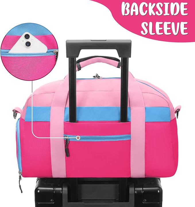 WOOMADA Kids Duffle Bag for Boys or Girls, Kids Overnight Bag with Shoe Compartment＆Wet Pocket, Ideal for School Practice, Sports, Travel(pink&hot pink)