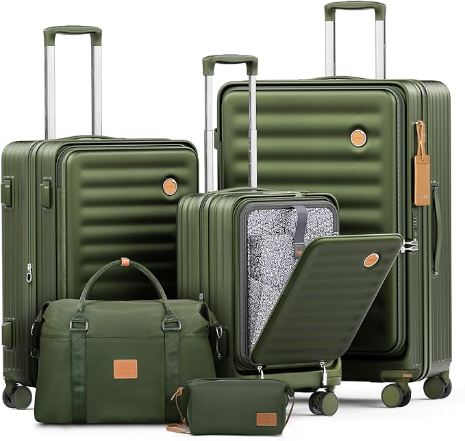 Joyway Luggage Sets 5 Piece with Front Pocket, Expandable Top Opening Suitcase Set, PC Hardside Carry on Suitcase with Spinner Wheels and TSA Lock (Dark Green)