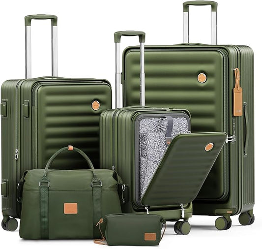 Joyway Luggage Sets 5 Piece with Front Pocket, Expandable Top Opening Suitcase Set, PC Hardside Carry on Suitcase with Spinner Wheels and TSA Lock (Dark Green)