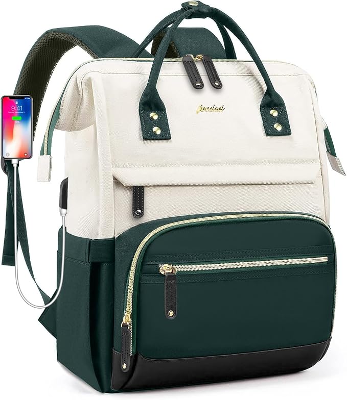 Laptop Backpack Women Work Bag: 15.6 inch Work Bookbag with USB Charging Port Large Travel Backpack Purse for College Nurse Casual Daypack for Teacher Professional Computer Backpack Beige Green