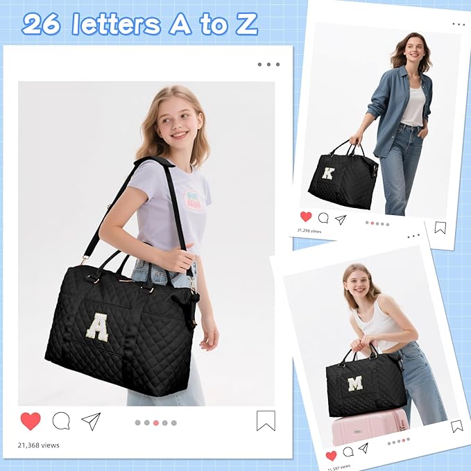 Gifts for Women, Initial Travel Duffle Bag, Personalized Weekender Overnight Bags, Gift for Mom Friend College Girl Graduation Teacher（Black,S)