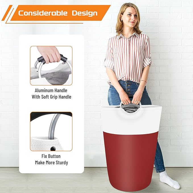 BlissTotes Laundry Basket, Laundry Hamper, Collapsible Laundry Baskets, Dirty Clothes Hamper, Waterproof Laundry Basket with Foam Protected Aluminum Handles for College Dorm, Family 75L (Red)
