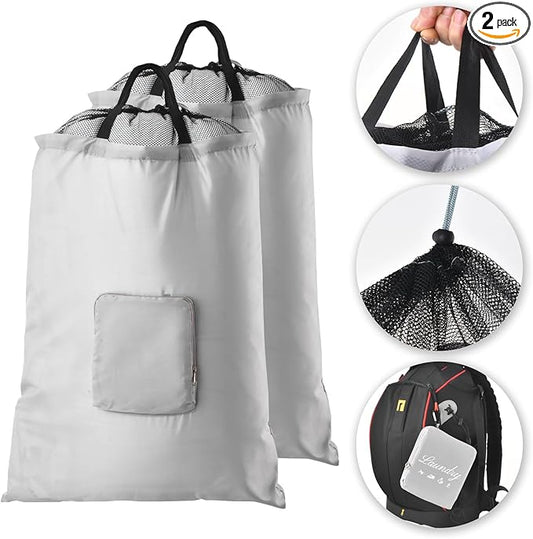 Travel Laundry Bags, 2Pcs JHX Foldable Dirty Clothes Bag 【Upgraded】 with Fixed Drawstring Net, Handles and Carabiner, Portable Laundry Bags for Travel, Fitness, and Students (Gray) 30"H x 21"W