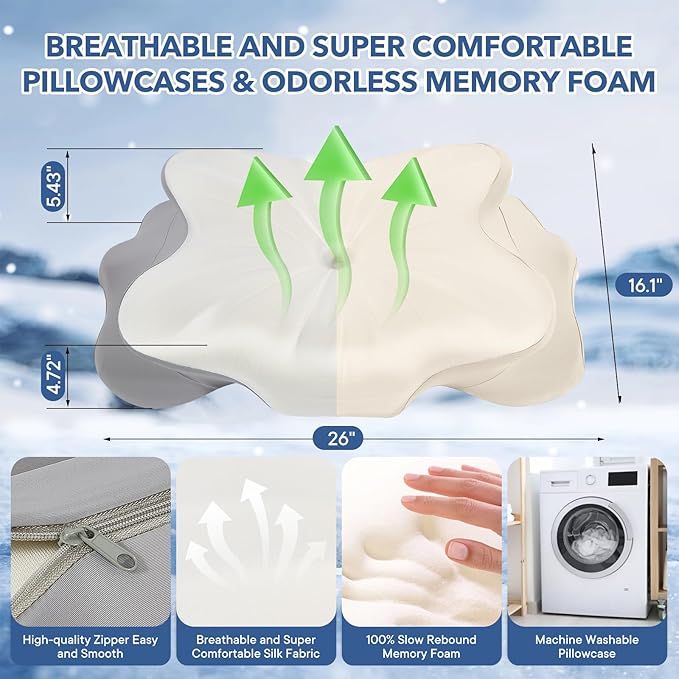 Cervical Pillow for Neck and Shoulder,Contour Memory Foam Pillow,Ergonomic Neck Support Pillow for Side Stomach Back Sleepers with Skin-Friendly Pillowcase (White)
