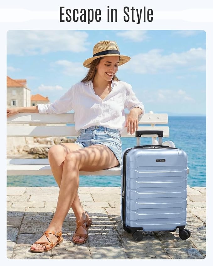 LIGHT FLIGHT Carry On Luggage 22x14x9 Airline Approved, Expandable Carry On Suitcases with Wheels, Lightweight Luggage, Durable Hard Shell 20 Inch Rolling Suit Case for Men Women Travel,Light Blue
