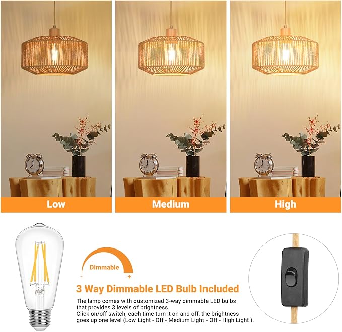 Qingmiao Boho Plug in Pendant Light, Handwoven Shade, 3 Way Bulb, 14ft Cord | Rattan Hanging Lamp Plug in, Dimmable Hanging Light Fixture for Living Room Bedroom Kitchen Ceiling Farmhouse Home Decor