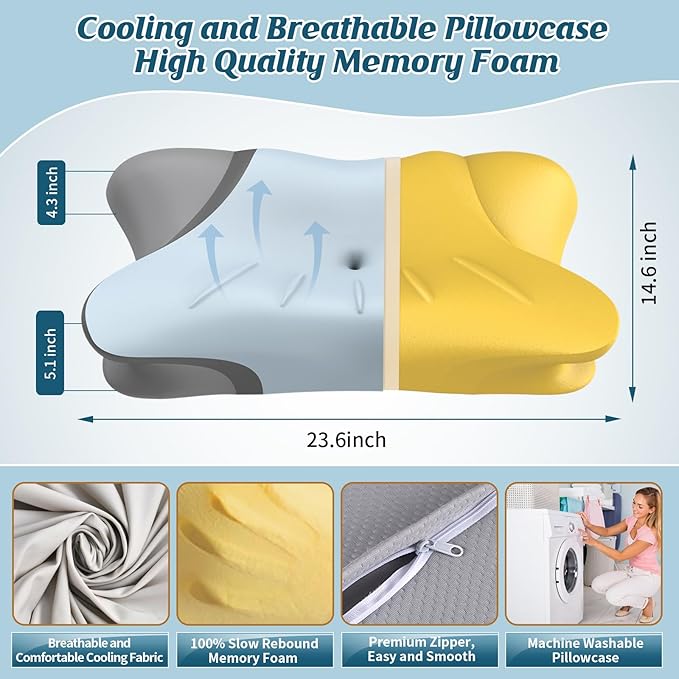 Cervical Pillow for Neck Pain Relief, Ergonomic Pillow for Sleeping, Neck Support Bed Pillows, Orthopedic Contour Pillow for Side Back Stomach Sleepers,Neck Support Memory Foam Pillows