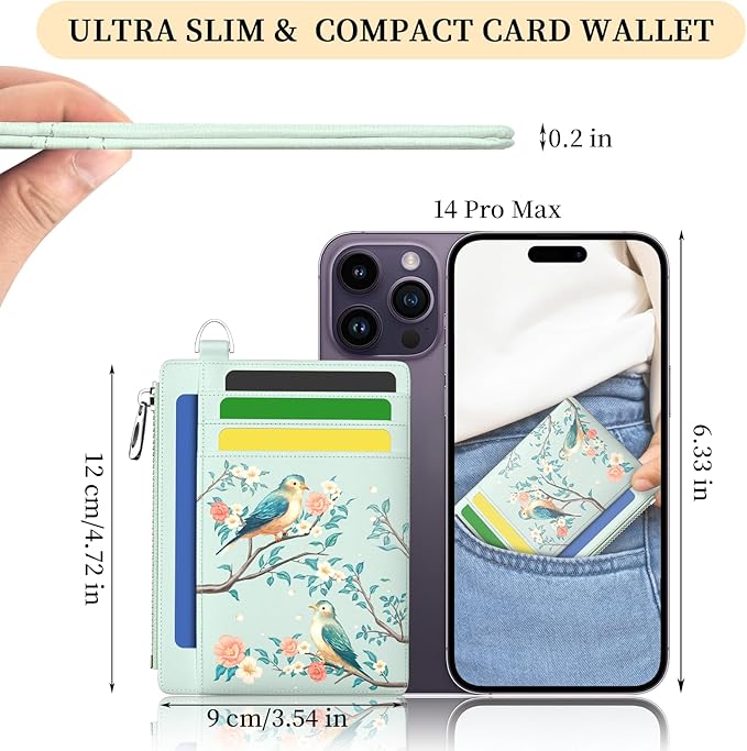 Hancynir Bird Floral Slim Wallet Women Credit Card Holder Cute Flower RFID Blocking Small Card Wallets Mini Front Pocket PU Leather Thin Travel Zipper Coin Cash Ladies Female Wallet Organizer Gifts
