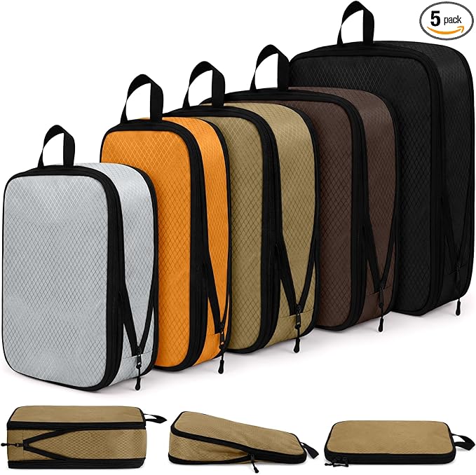 5 Pack Compression Packing Cubes for Travel Space Saving Cubes Luggage Organizer for Suitcase(Apricot,Mixed)