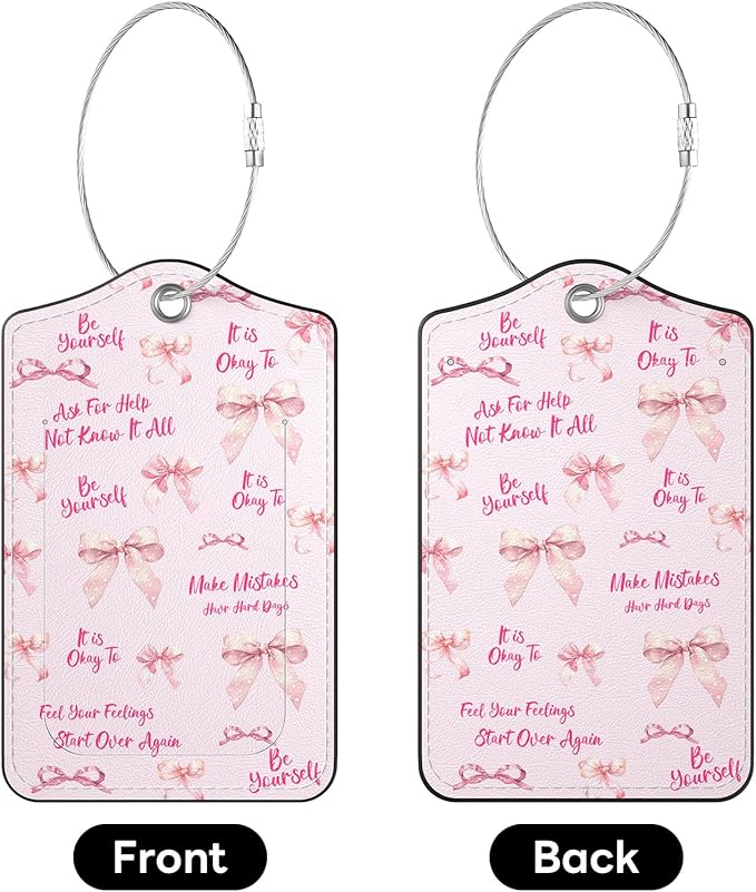 2 Pack PU Leather Luggage Tags for Suitcases, Privacy Protection Cover with Stainless Steel Loop and Address Card, Travel Cruise Essentials (Pink Bow)