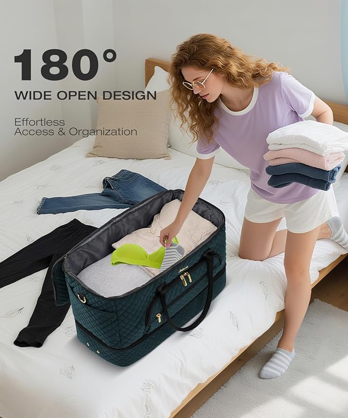 Travel Duffle Bag, Wide Open Large Weekender Bag for Women with Shoe Compartment, Carry on Overnight Bags with Toiletry Bag, Hospital Bag for Women Labor Delivery with Wet Pocket (Dark Green)