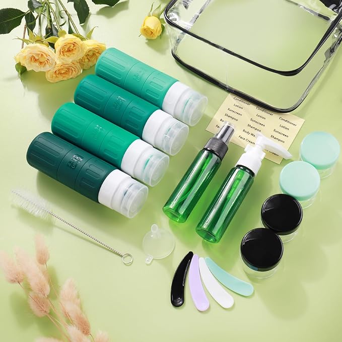GLAMFIELDS Travel Bottles for Toiletries,TSA Approved 3.3oz Size LeakProof Silicone Toiletry Containers for Shampoo, Conditioner,Easy to Squeeze，Portable Travel Essentials for Lotion(18 Pack) Green