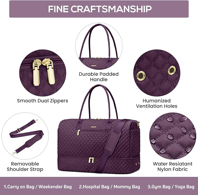 Travel Weekender Duffle Bags for Women - Large Carry On Bag with Shoe Compartment Overnight Bag with Toiletry Bag Duffel Bags with Wet Pocket for Gym Hospital Bags for Labor and Delivery Dark Purple