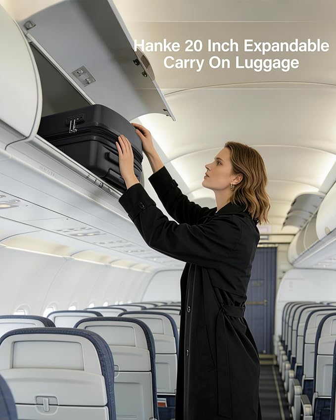 Hanke Expandable Carry On Luggage 22x14x9 Airline Approved, 20 Inch Hard Shell Suitcases with Wheels, Lightweight Travel Luggage Carry On Suitcase for Woman & Men with Tsa Lock(Jet Black)