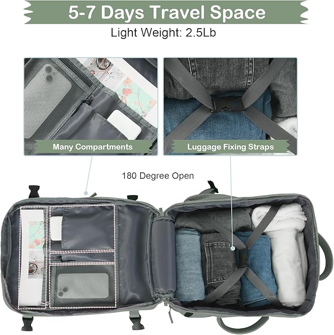 Hanples Travel Backpack as Personal Item Travel bag Flight Approved, 35L Carry on Backpack, 17 Inch Laptop Backpack, Waterproof Backpack, Casual Bag with 2 Toiletry Bags (Olive Green)