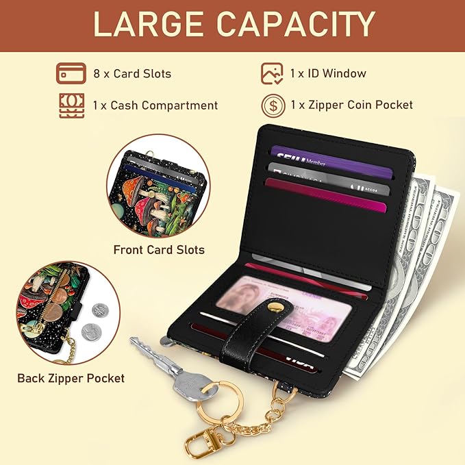 Jogjam Mushroom Rfid Women Wallet, Small Slim Thin Credit Card Wallet, PU Leather Bifold Cash Zipper Coin Pocket ID Window for Female Ladies Teen Girls Girly